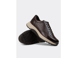 Chaussures homme style casual en cuir marron motif croco, semelle épaisse, quasi neuf