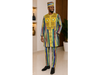 Ensemble homme africain 3pièces  Tunique + pantalon et gilet et bonnet