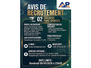 Avis de recrutement de 2 Caissiers Paris sportifs